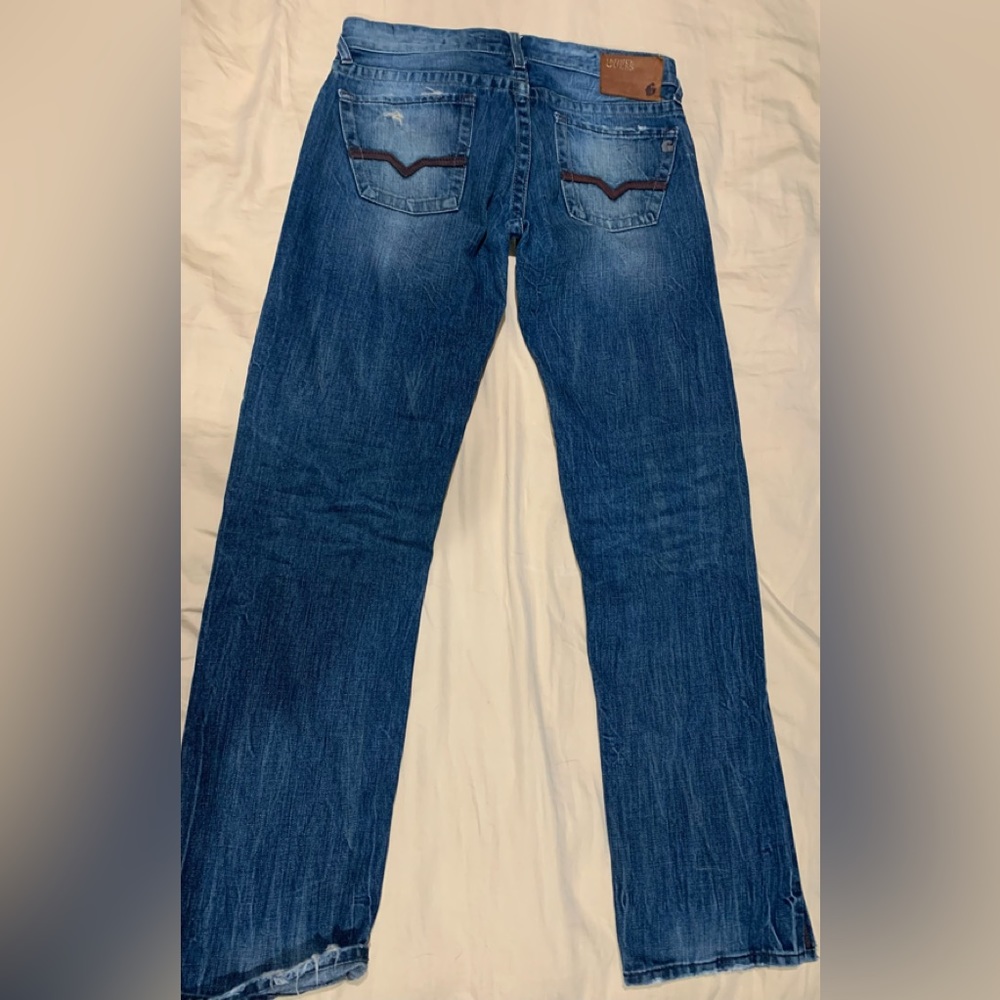Guess Premium Jeans, Straight leg, Distressed jean. 31”W 32” inseam.